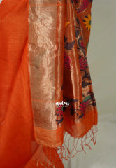 Saffron Orange - Handloom Silk Linen Jamdani Saree - With Handloom Mark