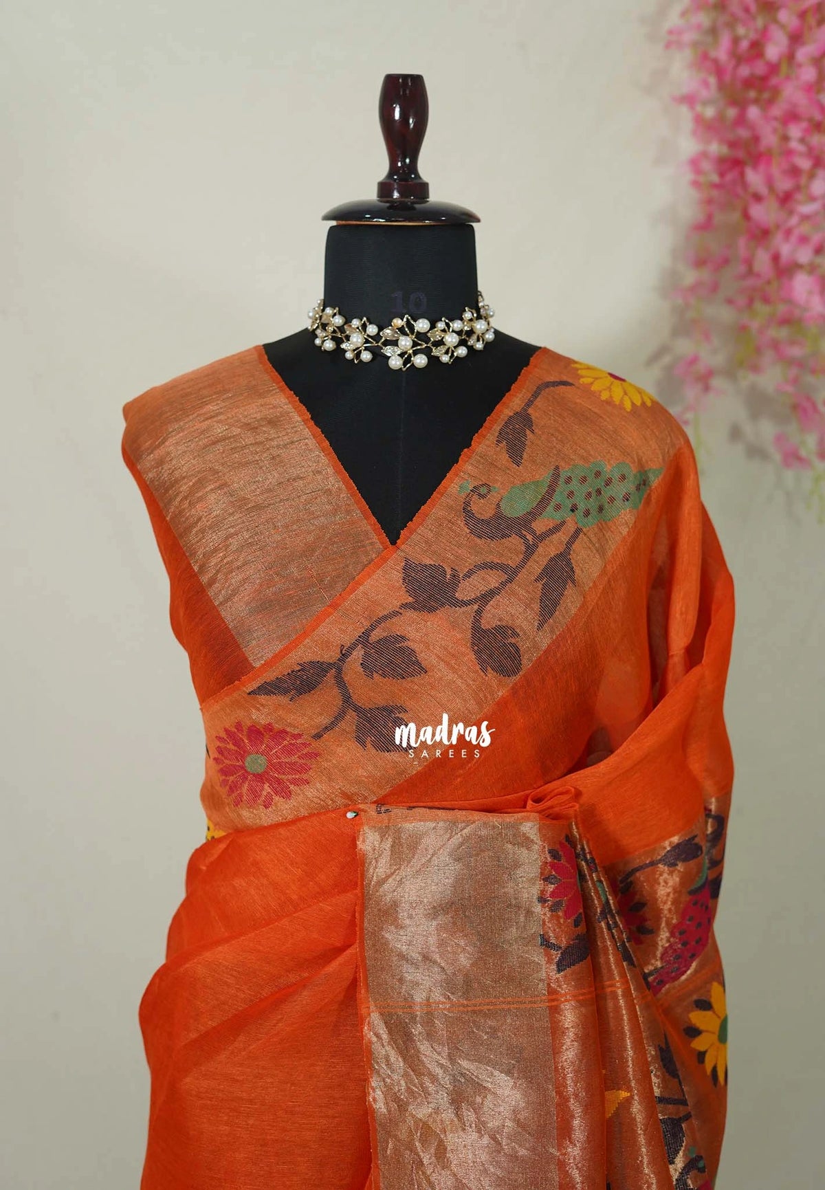 Saffron Orange - Handloom Silk Linen Jamdani Saree - With Handloom Mark