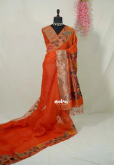 Saffron Orange - Handloom Silk Linen Jamdani Saree - With Handloom Mark