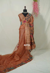 Earthy Brown - Handloom Tissue Silk Linen Jamdani Saree - With Handloom Mark