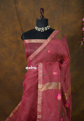 Rosewood Pink - Handloom Tissue Silk Linen Jamdani Saree - With Handloom Mark