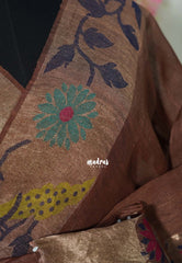 Coffee Brown - Handloom Silk Linen Jamdani Saree - With Handloom Mark