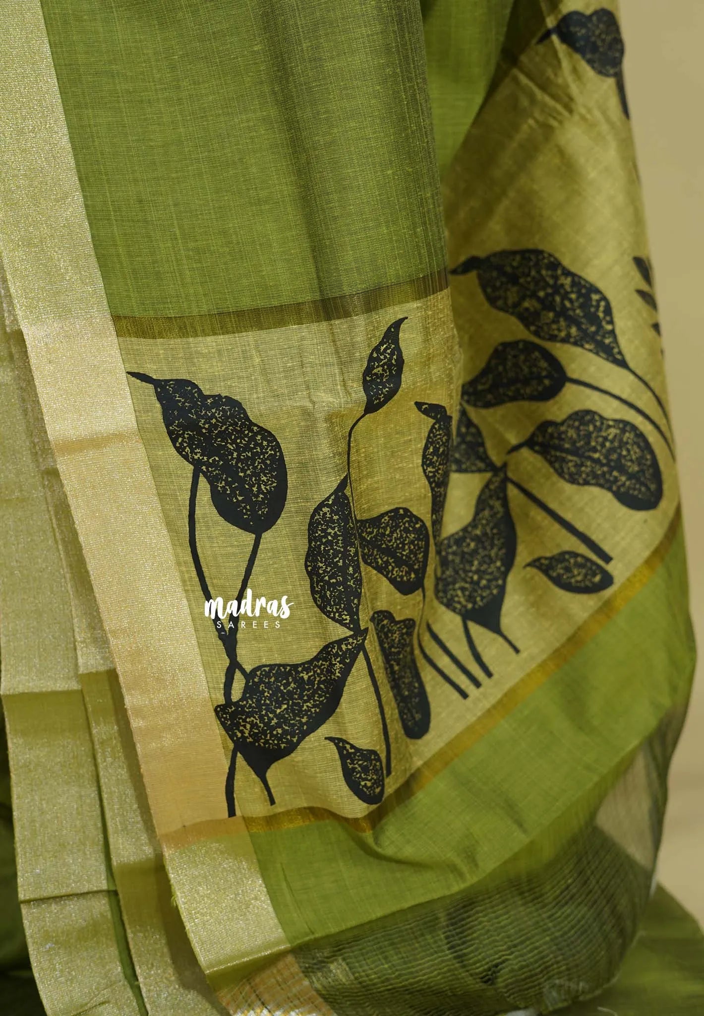 Pista Green - Handmade jute tussar silk saree with handblock prints
