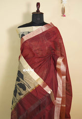 Rust Maroon - Handmade jute tussar silk saree with handblock prints