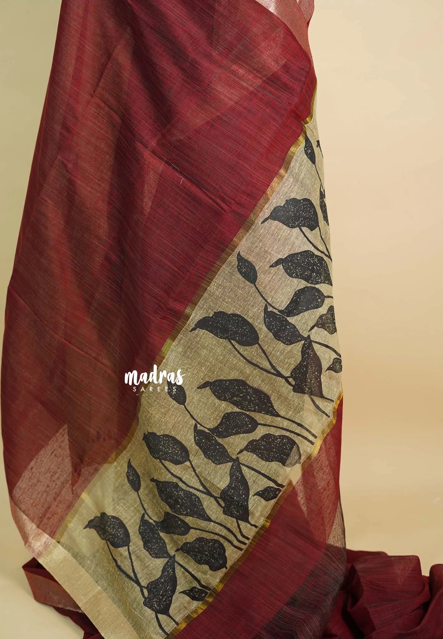 Rust Maroon - Handmade jute tussar silk saree with handblock prints