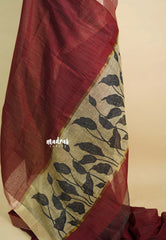 Rust Maroon - Handmade jute tussar silk saree with handblock prints