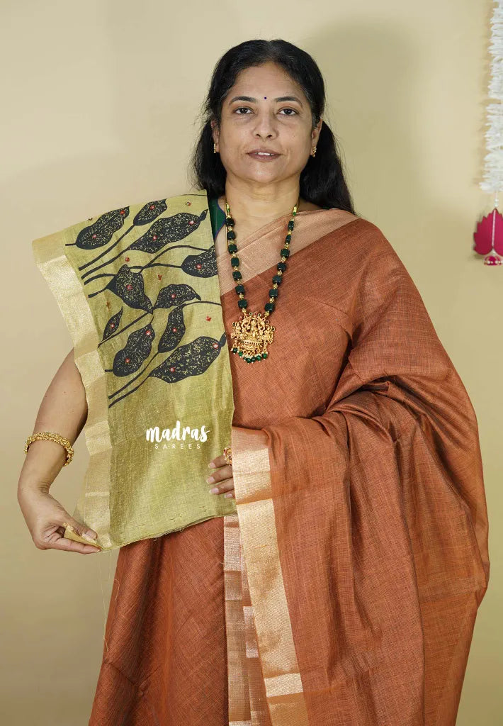Copper Brown - Handmade jute tussar silk saree with handblock prints