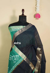 Navy Blue - Handmade jute tussar silk saree with handblock prints