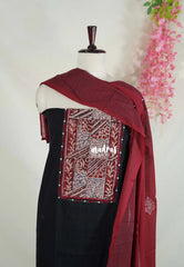 Amitha - Rich Black - Hand Work Yoke Handspun Pure Cotton Salwar Material - Best for Office Wear