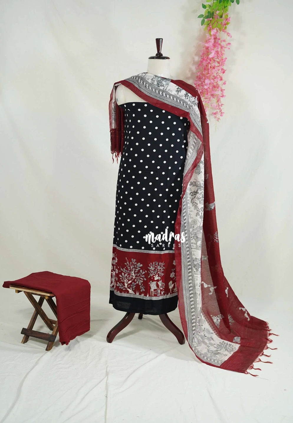 Amitha - Jet Black - Hand Work Handspun Pure Cotton Salwar Material - Best for Office Wear