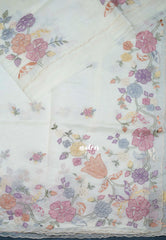 Creamy Ivory - Soft Organza Silk Saree with Embroidery and Scallop Border - Best for Diwali Festive