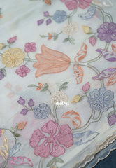Creamy Ivory - Soft Organza Silk Saree with Embroidery and Scallop Border - Best for Diwali Festive
