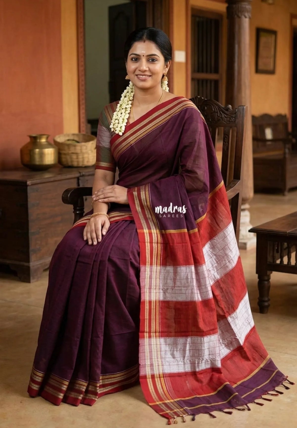 Mulberry Purple -Ilkal – Handloom Cotton Saree with Thread Weaving Border - Perfect for Temple Visit
