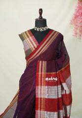 Mulberry Purple -Ilkal – Handloom Cotton Saree with Thread Weaving Border - Perfect for Temple Visit
