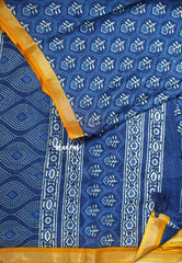 Indigo Blue with Yellow - Kalanjali Soft Chanderi Silk with Bagru Block Prints - Perfect for Office Wear