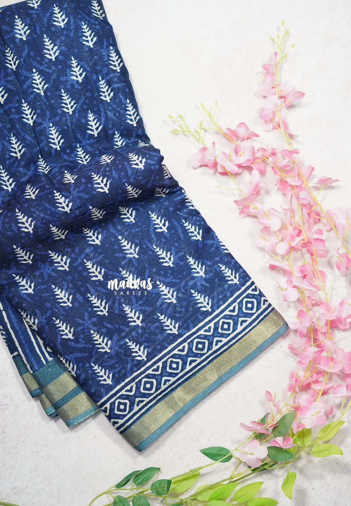 Indigo Blue with Grey - Kalanjali Soft Chanderi Silk with Bagru Block Prints - Perfect for Office Wear