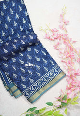 Indigo Blue with Grey - Kalanjali Soft Chanderi Silk with Bagru Block Prints - Perfect for Office Wear