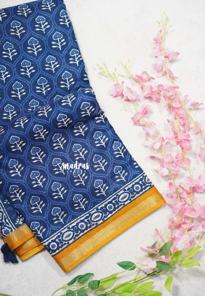 Indigo Blue with Yellow - Kalanjali Soft Chanderi Silk with Bagru Block Prints - Perfect for Office Wear