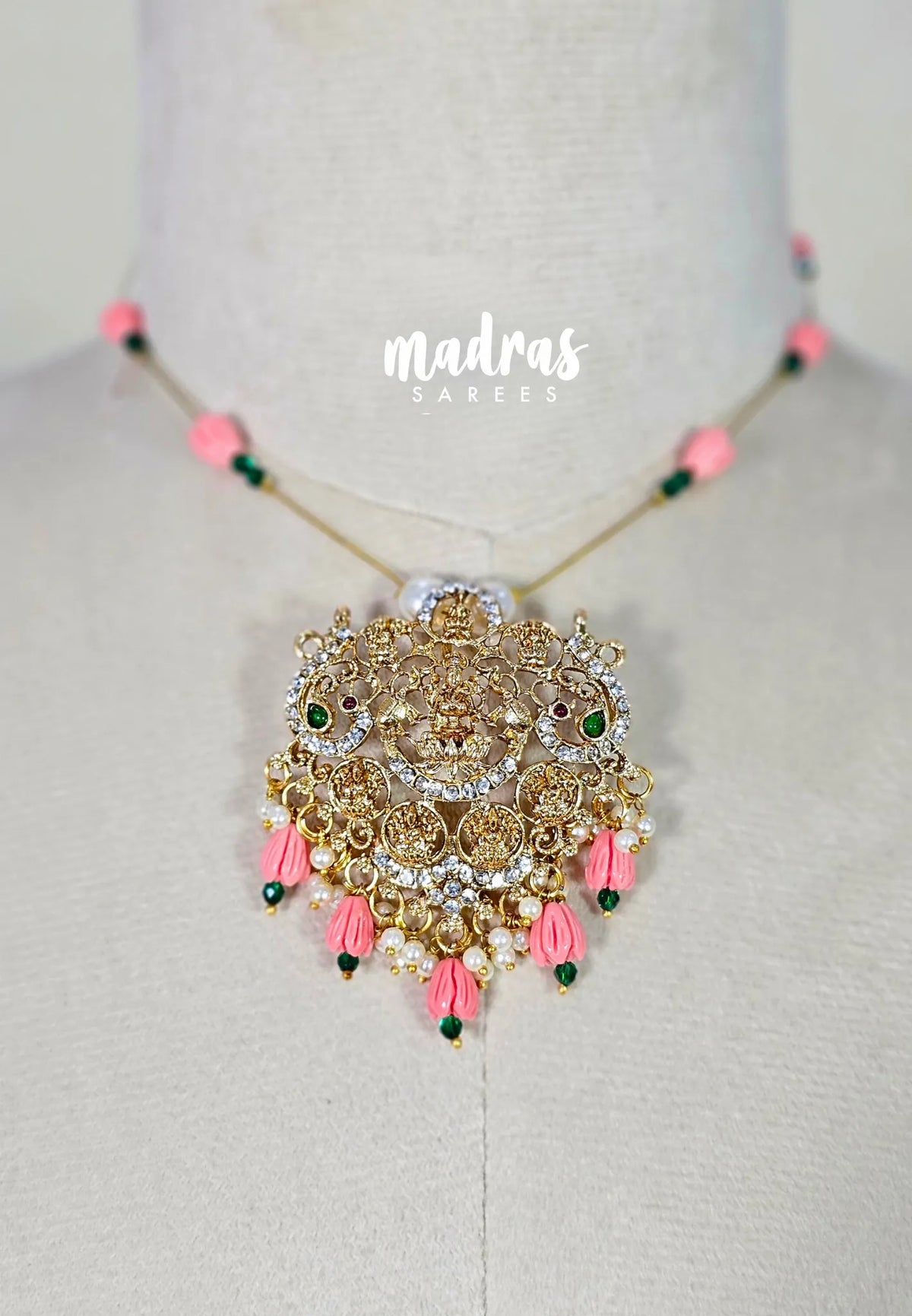 Invisible viral Wire Necklace – Premium Floating Lakshmi Pendant - Peach-Pink Beads