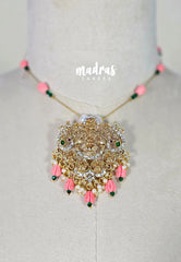Invisible viral Wire Necklace – Premium Floating Lakshmi Pendant - Peach-Pink Beads