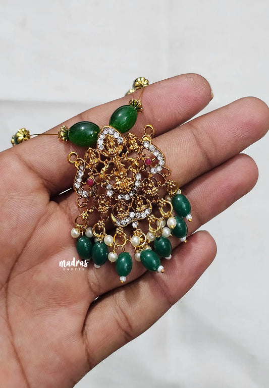 Invisible viral Wire Necklace – Premium Floating Lakshmi Pendant - Dark green beads