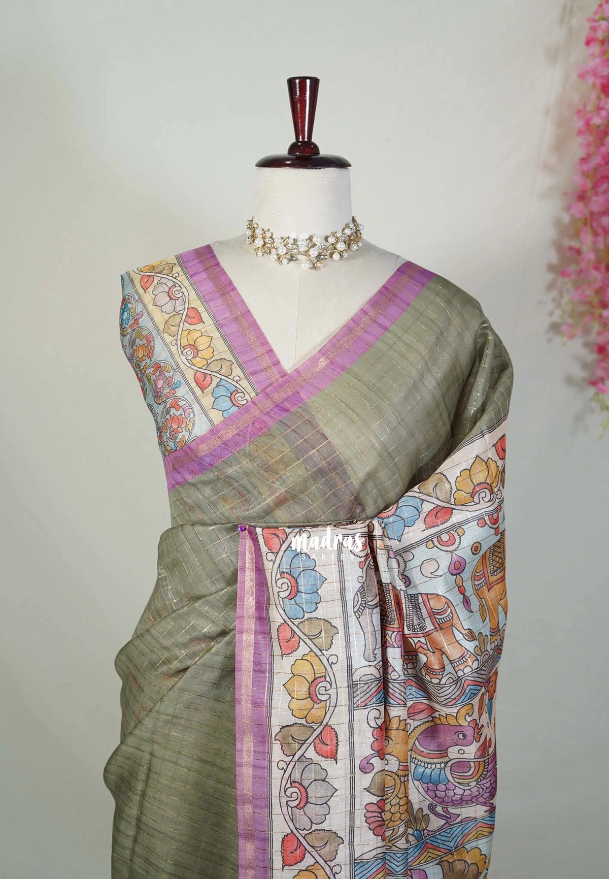 Olive Sage Green - Isha - Chanderi Silk Saree Checks with Tiny Zari Border - Best for Office Wear | Casual Wear