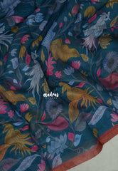 Ateneo Blue - Isha - Chanderi Cotton Saree Kalamkari Prints - Best for Casual Wear | Office Wear