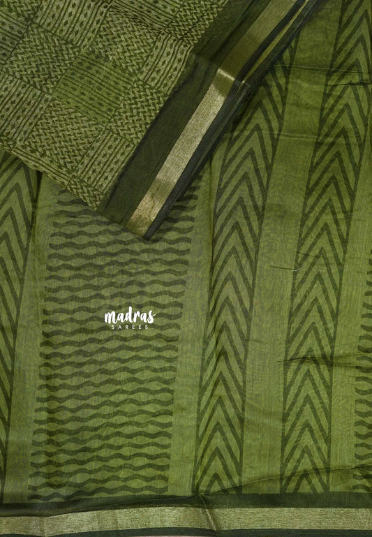 Olive Green - Isha - Chanderi cotton checks weaving with small tissue border