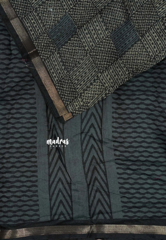 Dark Grey - Isha - Chanderi cotton checks weaving with small tissue border