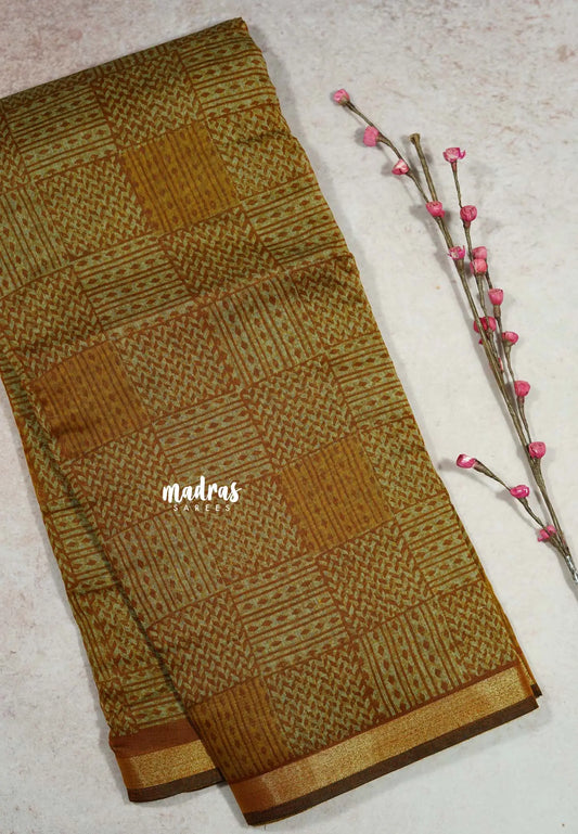 Honey Brown - Isha - Chanderi cotton checks weaving with small tissue border
