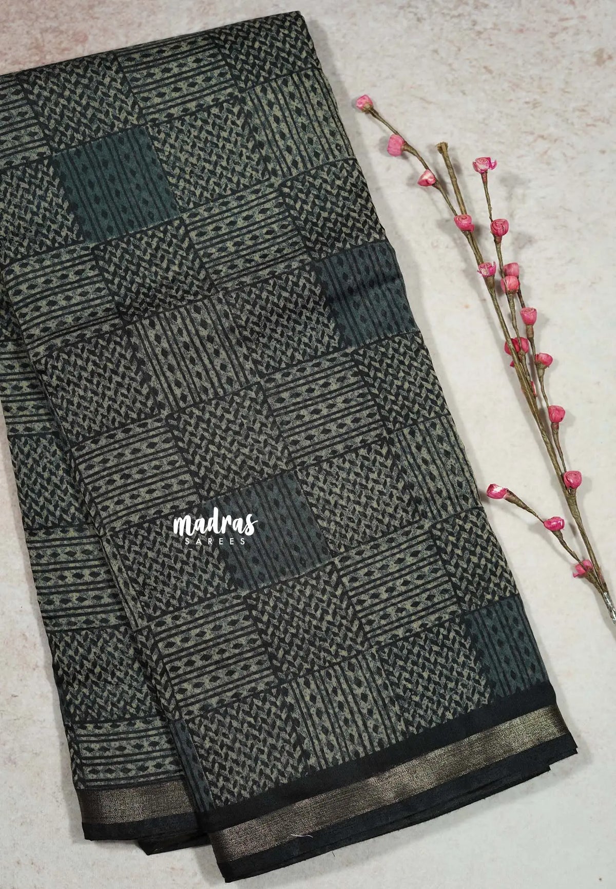 Dark Grey - Isha - Chanderi cotton checks weaving with small tissue border