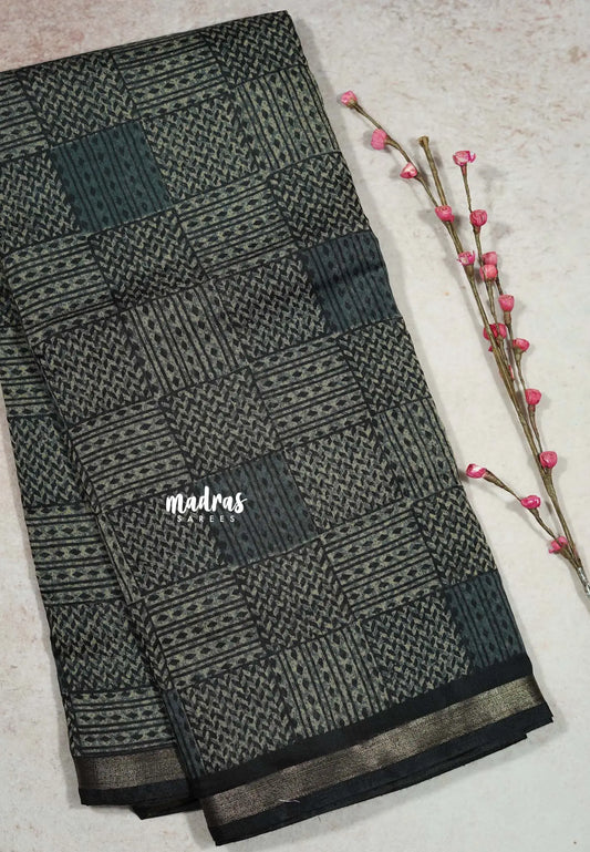 Dark Grey - Isha - Chanderi cotton checks weaving with small tissue border