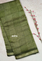 Olive Green - Isha - Chanderi cotton checks weaving with small tissue border