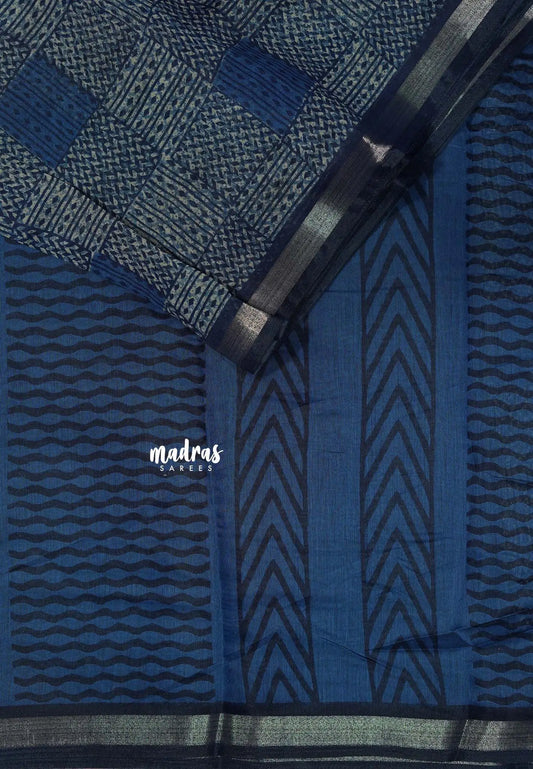 Indigo Blue - Isha - Chanderi cotton checks weaving with small tissue border