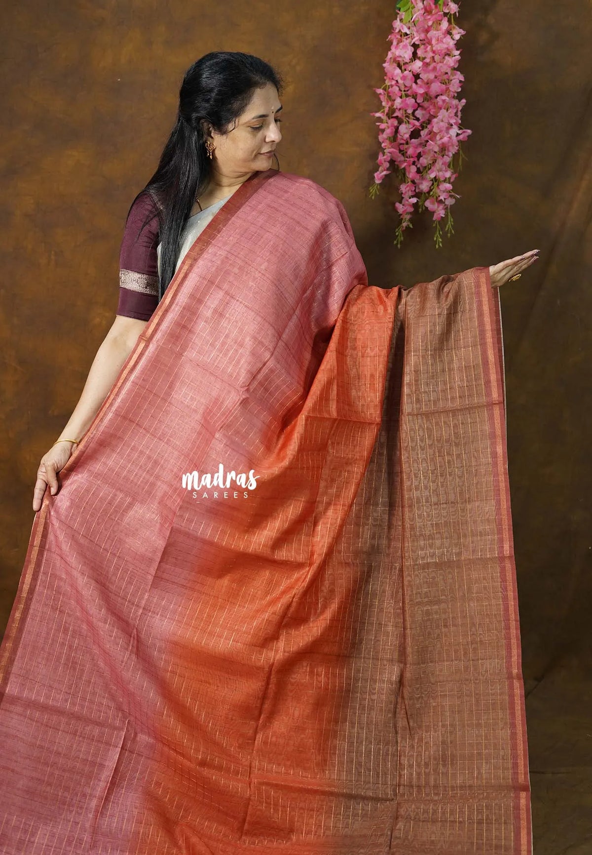 Orange Ombre Shade - Isha - Chanderi Silk with Gradient and Prints with Checks - Best for Office Wear