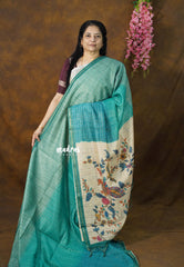 Teal Ombre Shade - Isha - Chanderi Silk with Gradient and Prints with Checks - Best for Office Wear