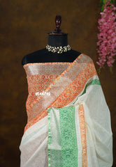 Ivory Creamy - January 26 Special TRI COLOR NATIONAL FLAG Linen Cotton saree with Border - Best for Office Wear