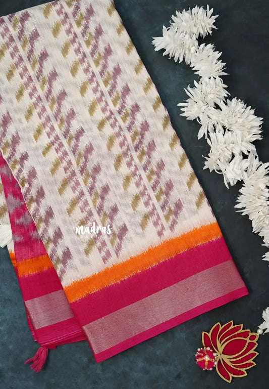 Halfwhite with Pink - Jasmine - Fancy Jute Cotton Ikkat Prints