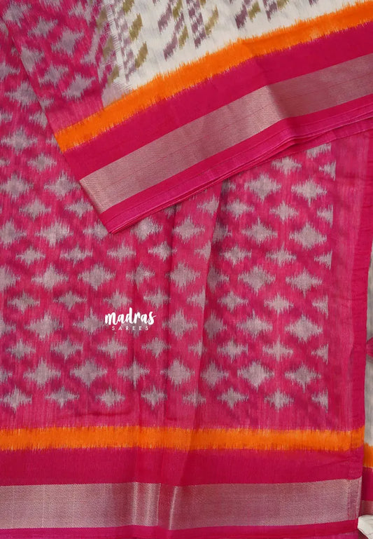 Halfwhite with Pink - Jasmine - Fancy Jute Cotton Ikkat Prints