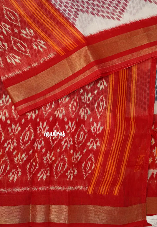 Halfwhite with Red - Jasmine - Fancy Jute Cotton Ikkat Prints