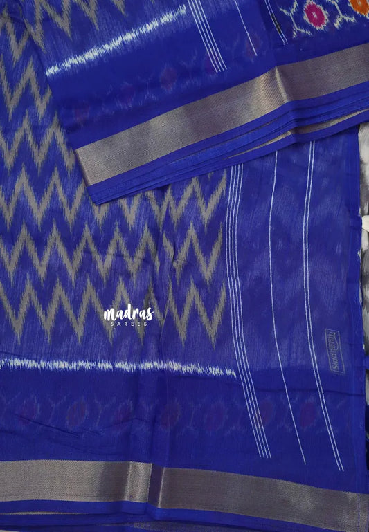 Halfwhite with Blue - Jasmine - Fancy Jute Cotton Ikkat Prints with Patola Border
