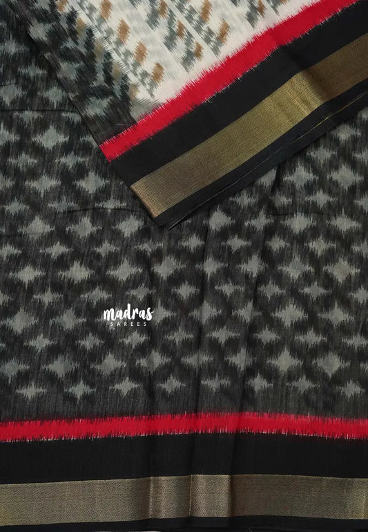 Halfwhite with Black - Jasmine - Fancy Jute Cotton Ikkat Prints