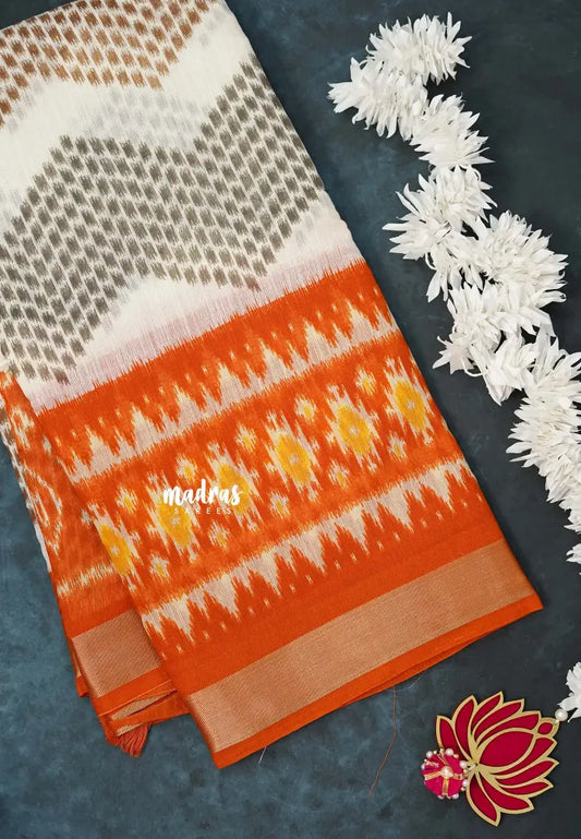 Halfwhite with Orange - Jasmine - Fancy Jute Cotton Ikkat Prints