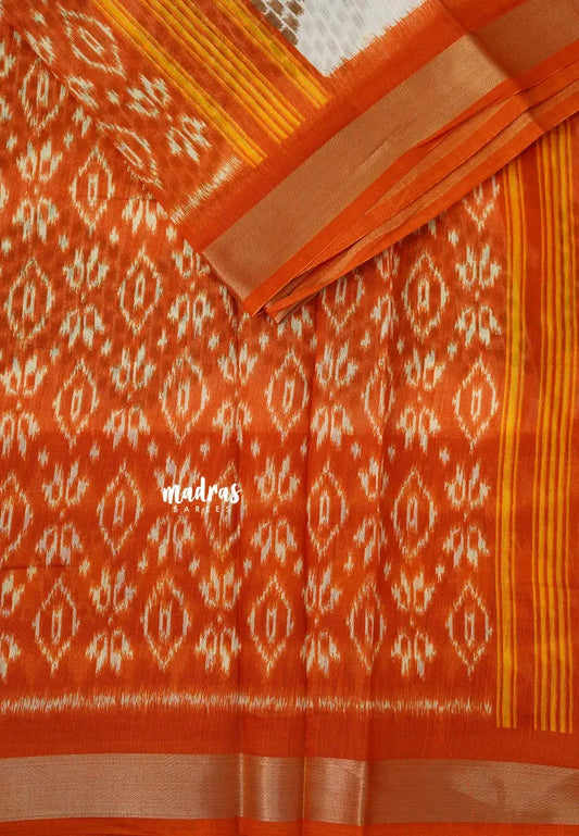 Halfwhite with Orange - Jasmine - Fancy Jute Cotton Ikkat Prints