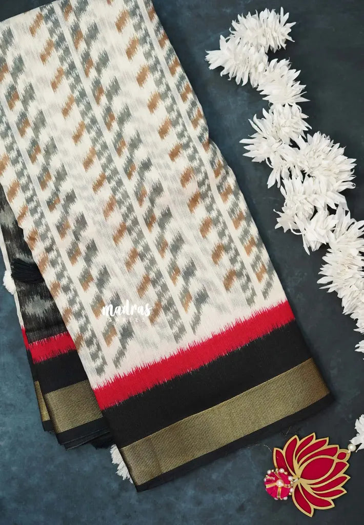 Halfwhite with Black - Jasmine - Fancy Jute Cotton Ikkat Prints
