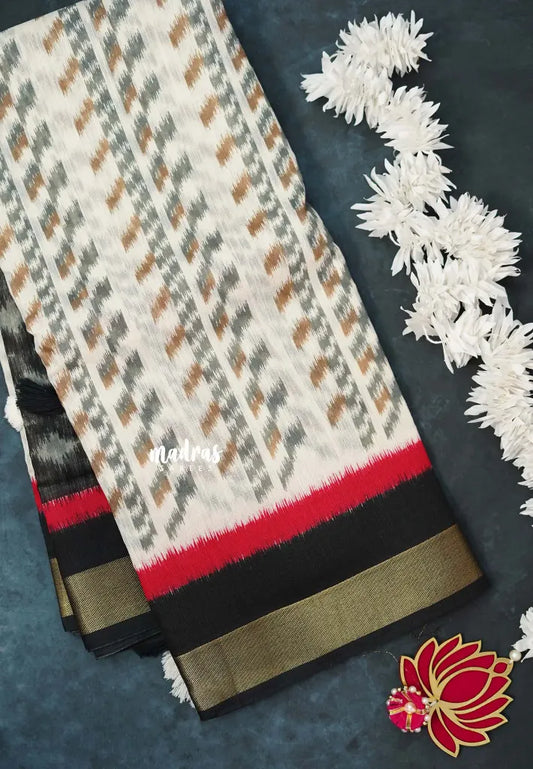 Halfwhite with Black - Jasmine - Fancy Jute Cotton Ikkat Prints
