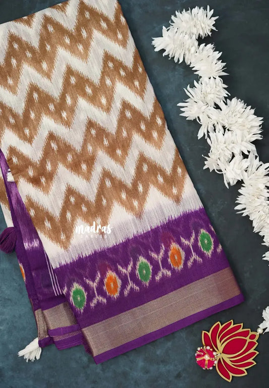 Halfwhite with Purple - Jasmine - Fancy Jute Cotton Ikkat Prints with Patola Border