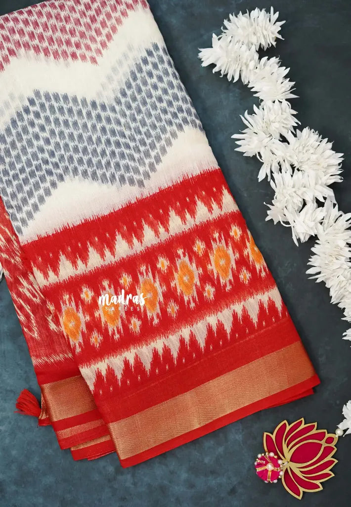Halfwhite with Red - Jasmine - Fancy Jute Cotton Ikkat Prints