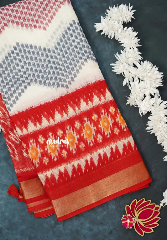 Halfwhite with Red - Jasmine - Fancy Jute Cotton Ikkat Prints