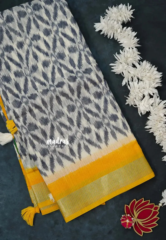 Halfwhite with Yellow - Jasmine - Fancy Jute Cotton Ikkat Prints